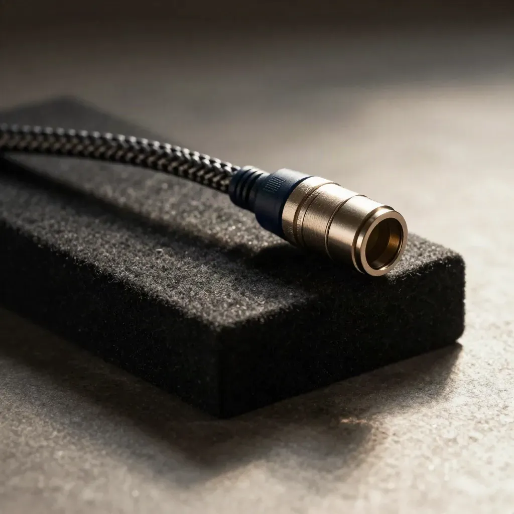 Adapter block, braided cable, and machined spacer on charcoal felt under hard light.
