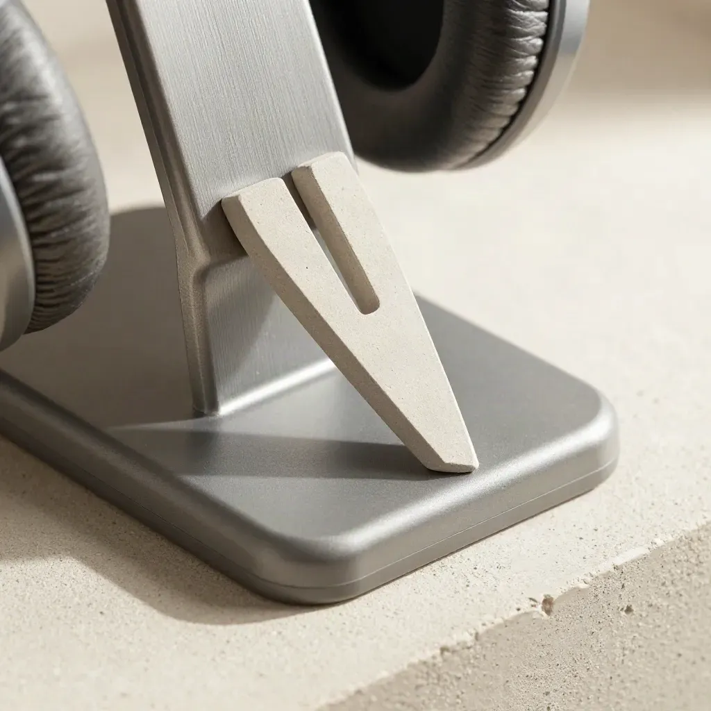 Top-down macro of a headset stand, line tester, and calibration wedge on pale concrete.