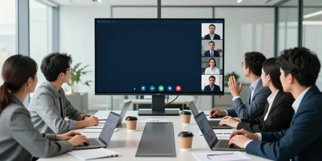 Deepfake free meetings with professionals collaborating over a video call in a modern office space.