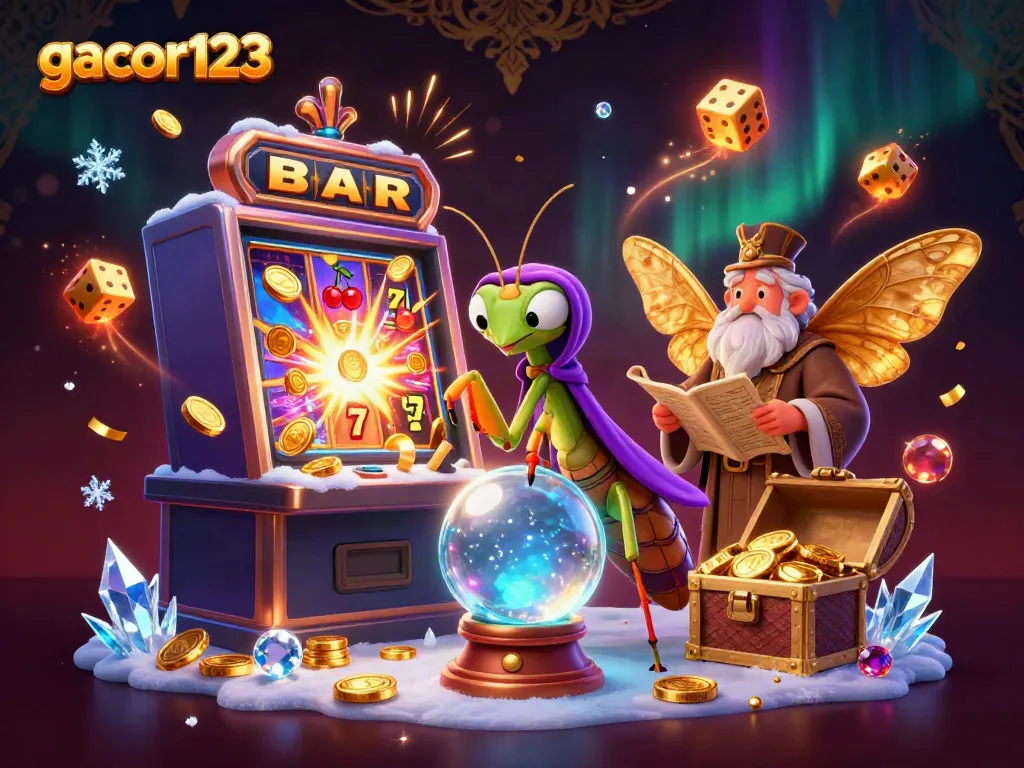 Experience the thrill of gacor123 with vibrant slots and mystical scenes in this captivating 3D illustration.