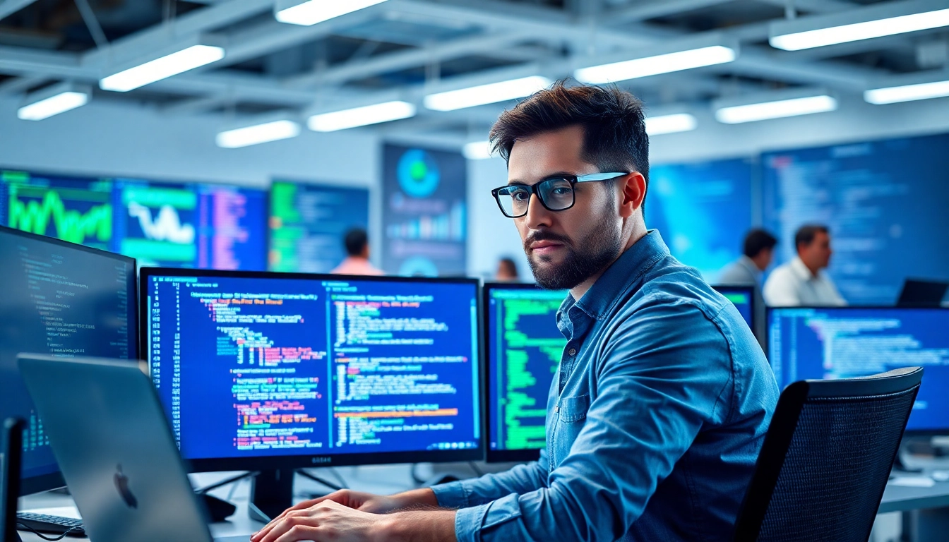 Showcasing Headless Shopify development in a modern tech workspace with vibrant code on screens.