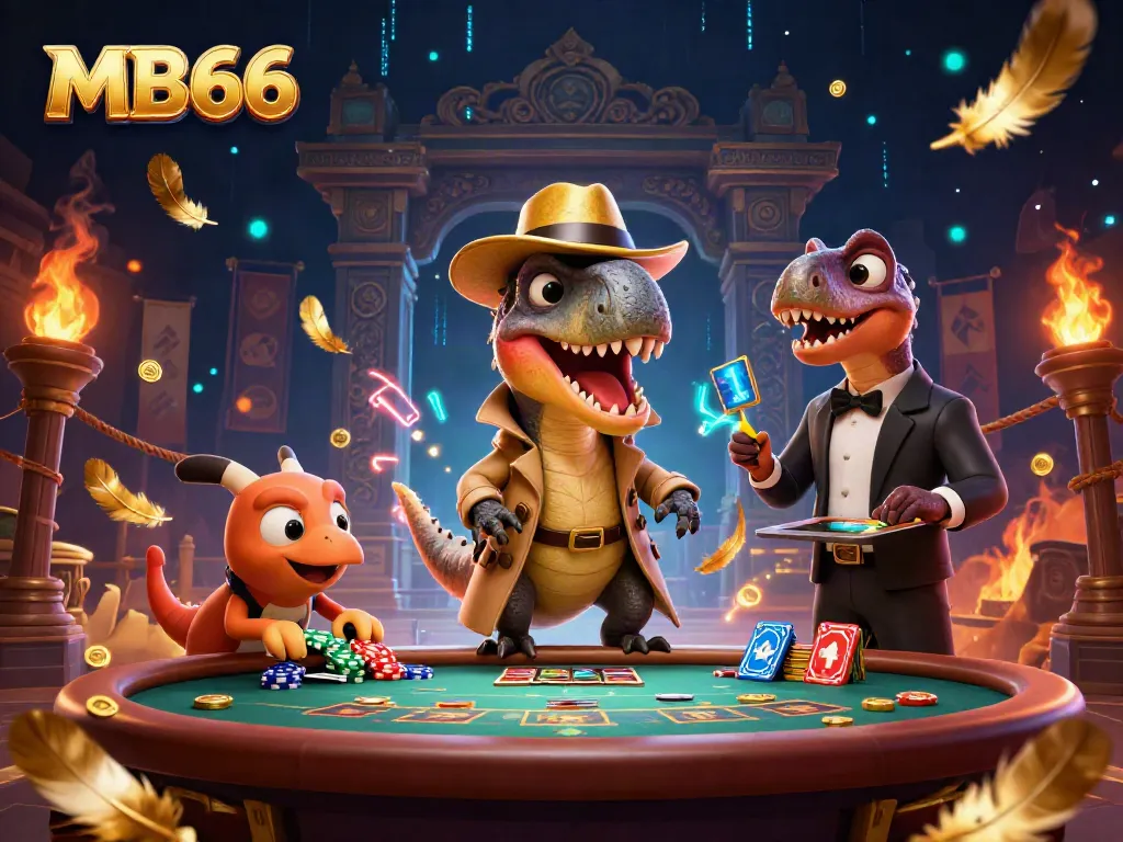 Experience thrilling action at MB66 with a sneaky velociraptor card counter, vibrant casino elements, and a suspicious pit boss.