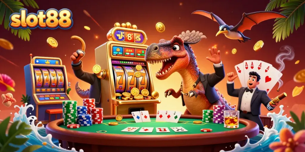 Celebrating big wins at slot88 with a dinosaur-themed jackpot scene and colorful casino elements.