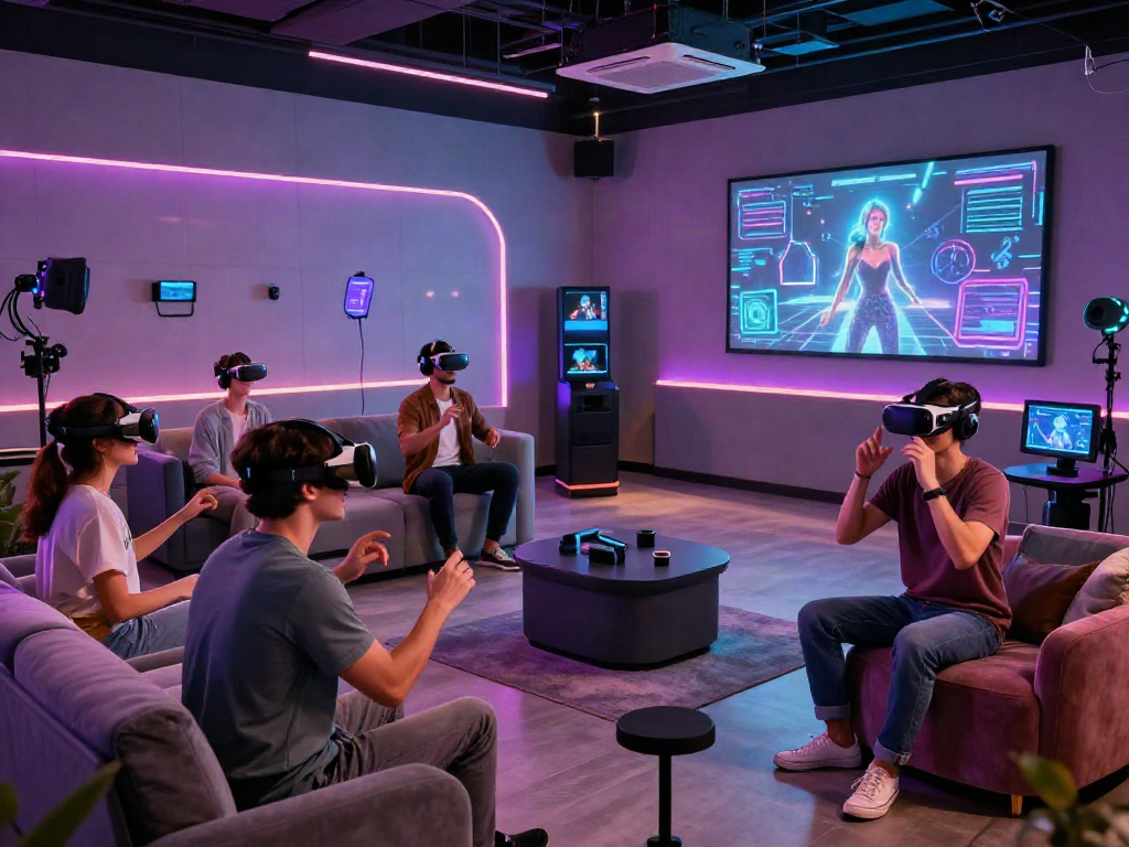 Captivating AI porn virtual reality studio with diverse participants experiencing immersive adult entertainment.
