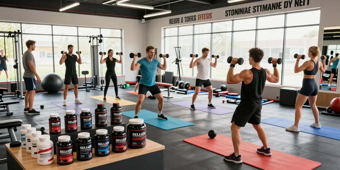 Selliza Steroids fitness products featured in a vibrant gym training scene, showcasing strength and energy.
