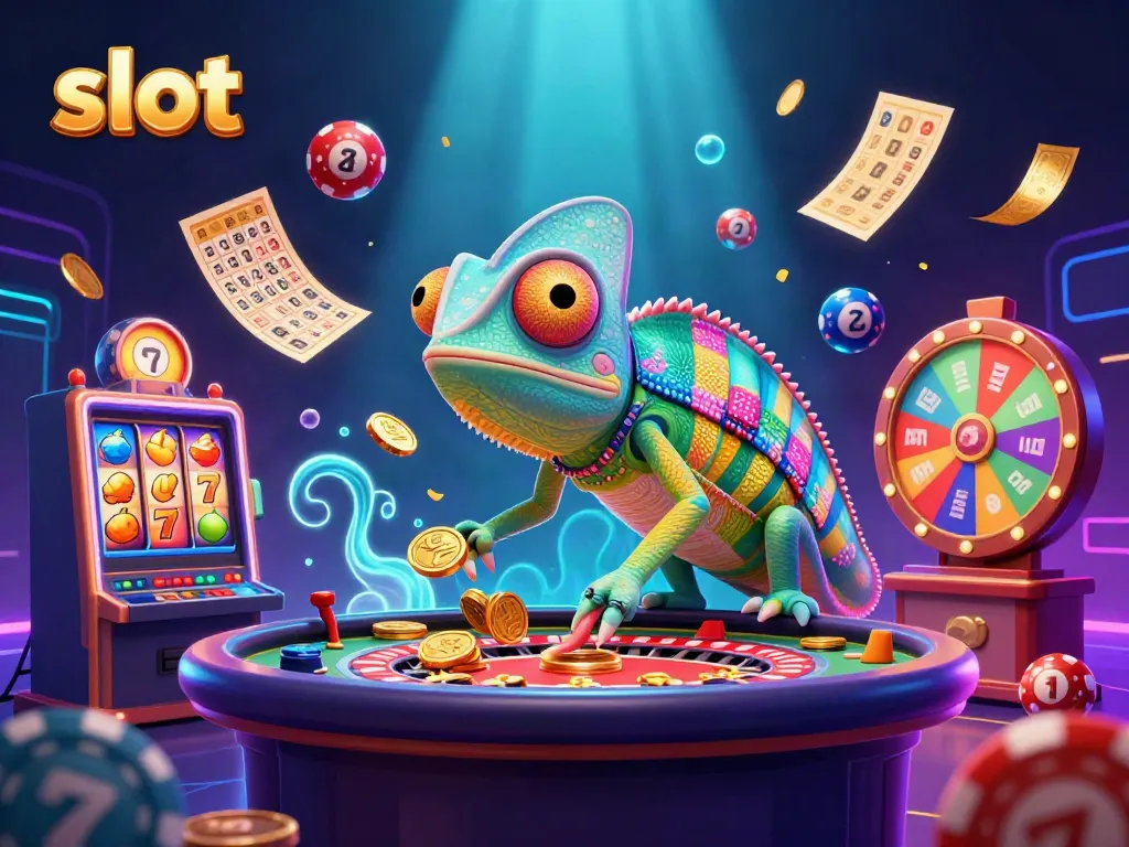 Menggoda kesempatan slot dengan chameleon kasino raksasa dan slot mesin berwarna-warni di latar belakang