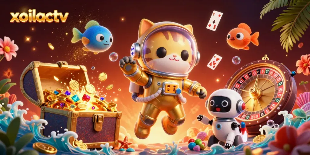 xoilactv delivers excitement as a cartoon cat astronaut and robot dog enjoy a dynamic gambling adventure.