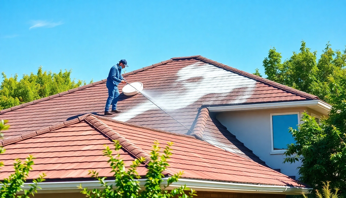 Roof Cleaning professionals efficiently cleaning a residential roof with care and precision.
