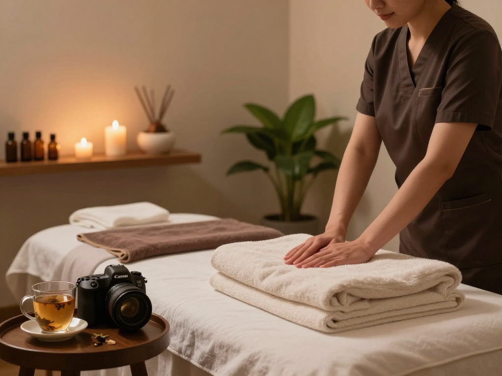 Relaxing spa setting with therapist preparing for a premium session, showcasing mantra88's tranquil wellness experience.
