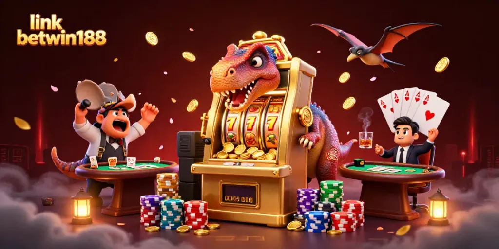 Bermain di link betwin188 dengan menghidupkan suasana kasino melalui ilustrasi ceria karakter dino dan mesin slot.