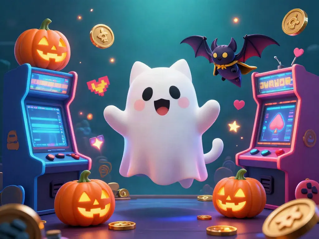 Engage with thrilling casino fun as KUWIN's ghost cat companion plays amidst glowing slot machines and vibrant characters.