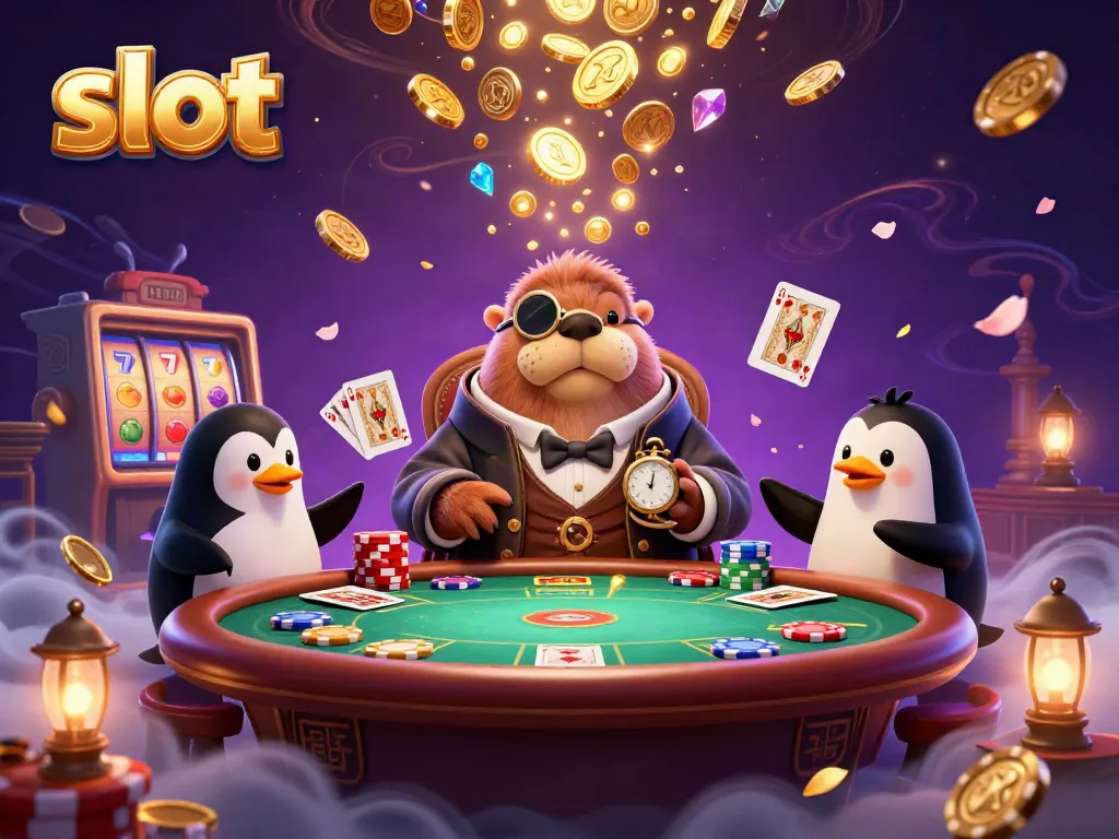 Slot permainan digital dengan karakter lucu di meja poker bawah laut, menggoda keberuntungan pemain.