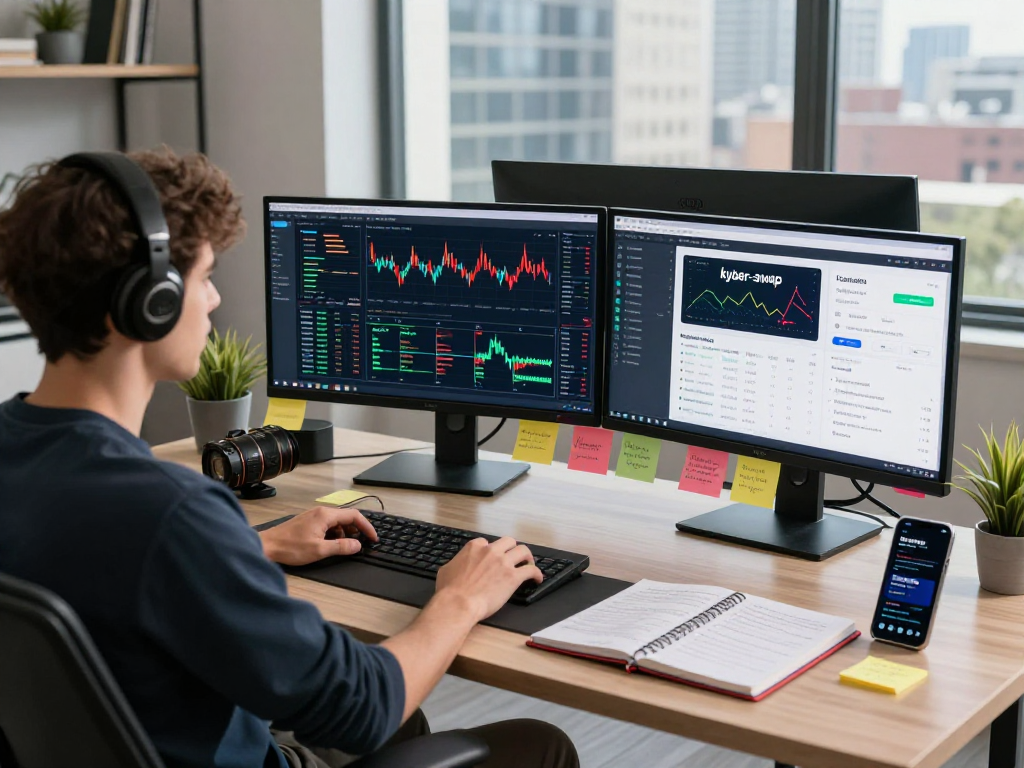 Crypto trader using kyber-swap interface in modern workspace with dynamic charts.