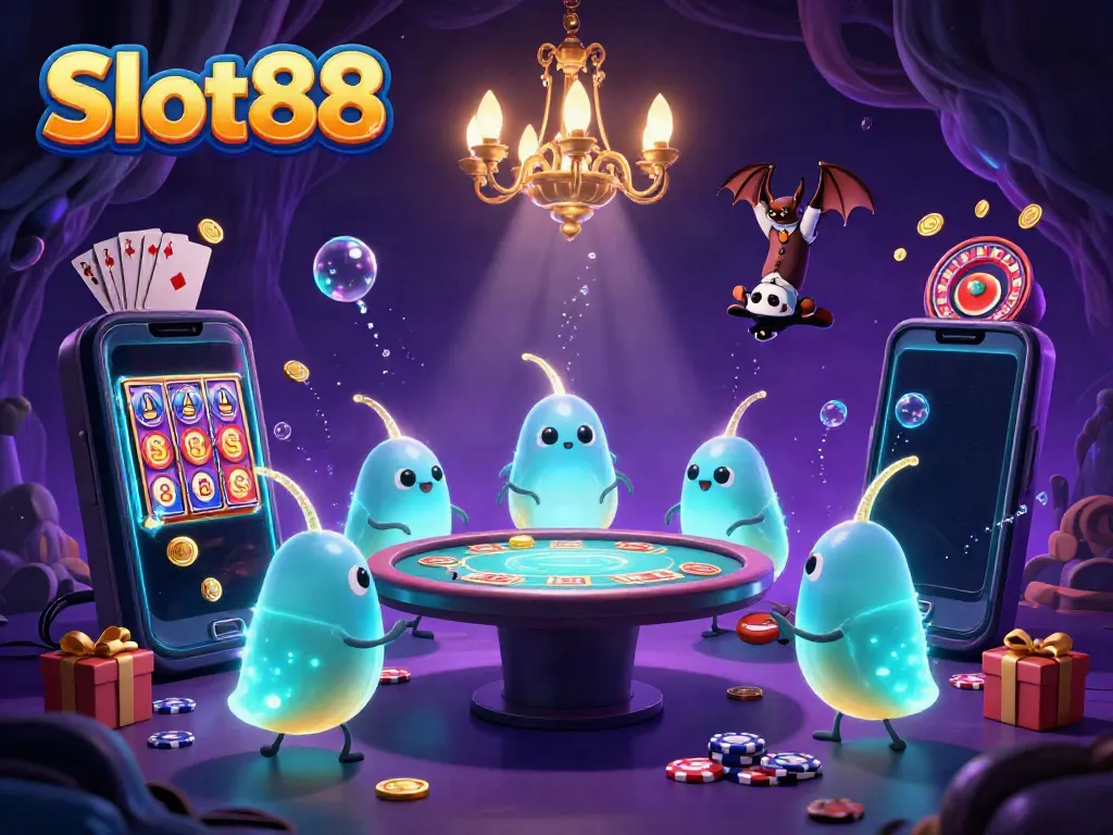 Slot88 menggambarkan keceriaan dalam permainan kasino dengan karakter lucu dan cahaya bioluminescen yang menarik.