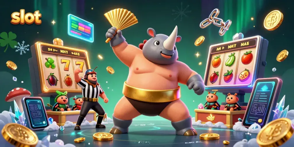 Slot berpenuh keseruan dengan juara sumo, koin emas, dan simbol buah!