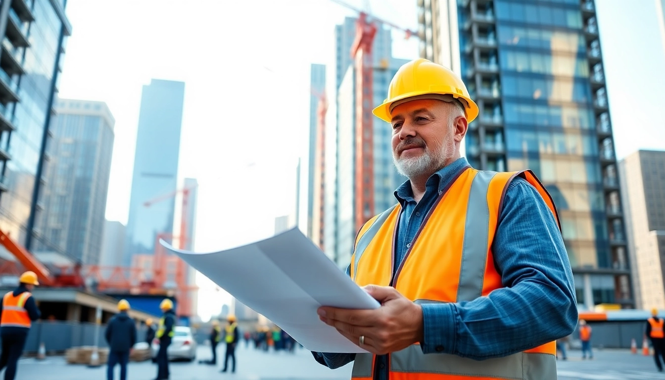 New York Construction Manager examining blueprints at a busy construction site in NYC.