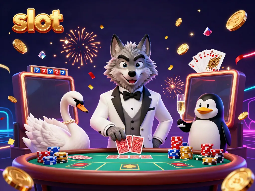 Karakter slot asli di kasino dipenuhi koin emas dan permata yang bersinar.