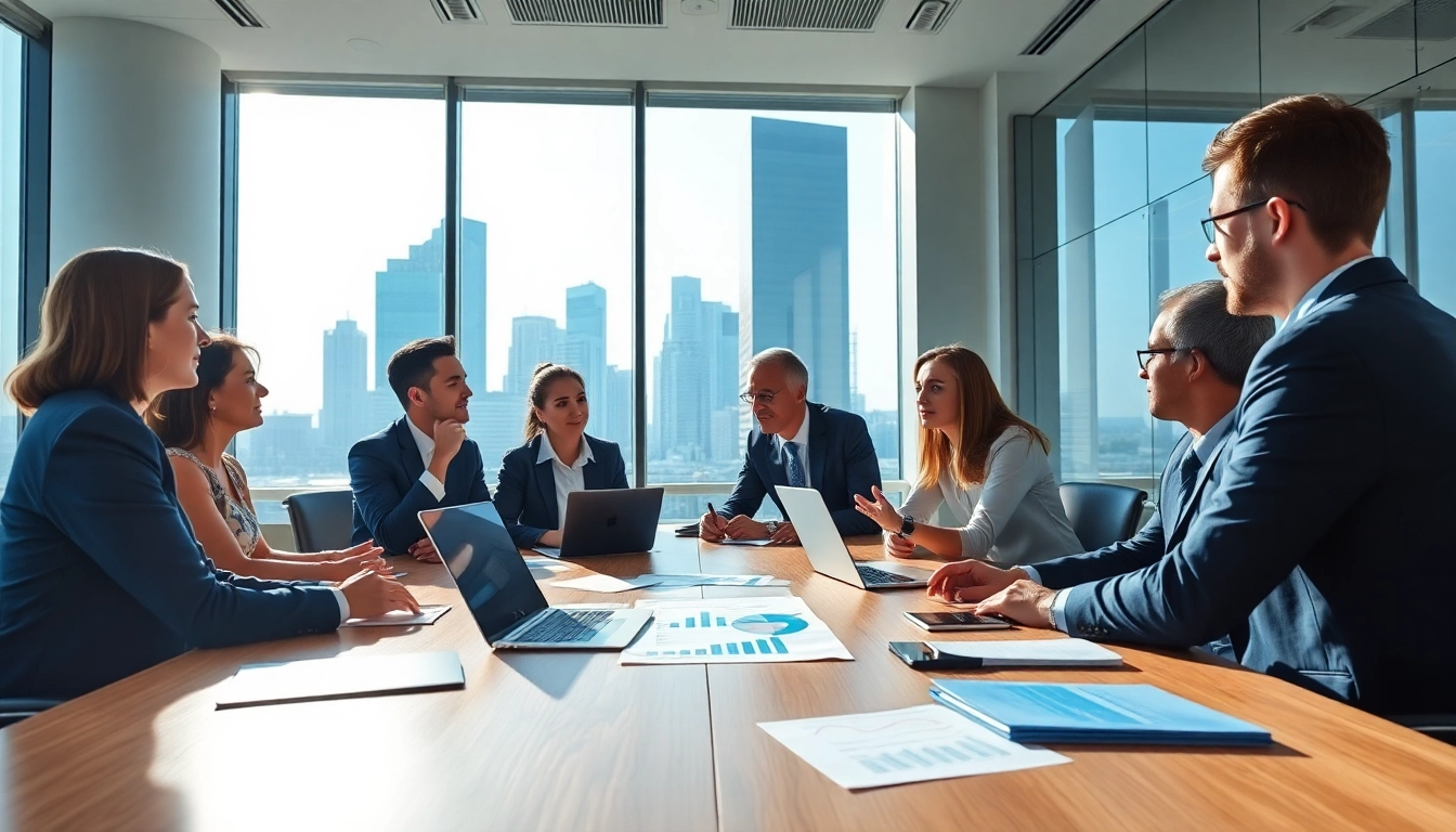 Engaged professionals discussing Bid-No-Bid Analysis. in a modern conference room.