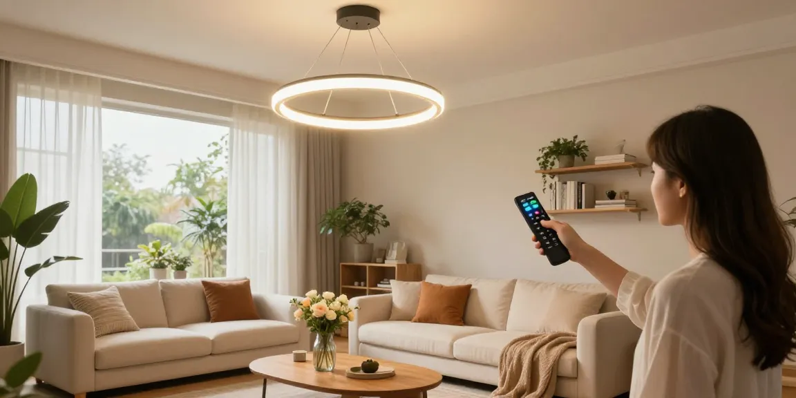 Lustra cu telecomanda modernă în living, iluminare ajustabilă, atmosferă confortabilă.