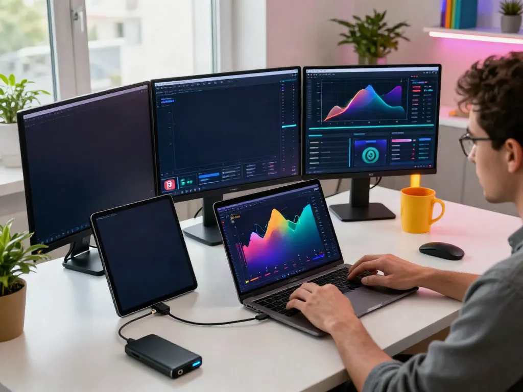 港股实时行情API displayed on multiple crypto trading monitors with innovative financial technology devices.