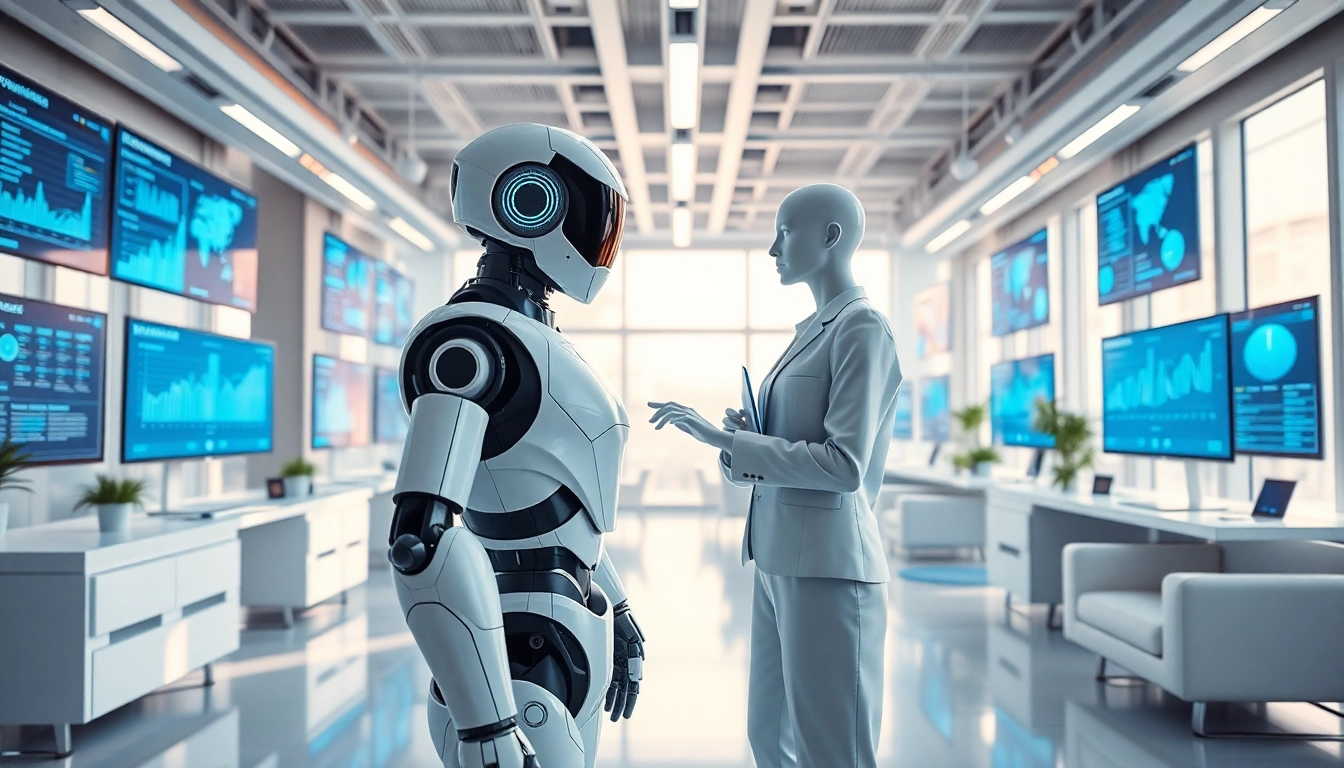 Illustration of Ai agents interacting with technology in a modern workspace.
