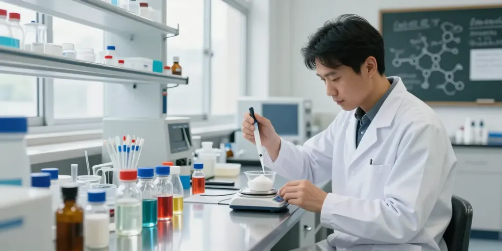 Researcher preparing Swiss Chems peptides in a modern lab.