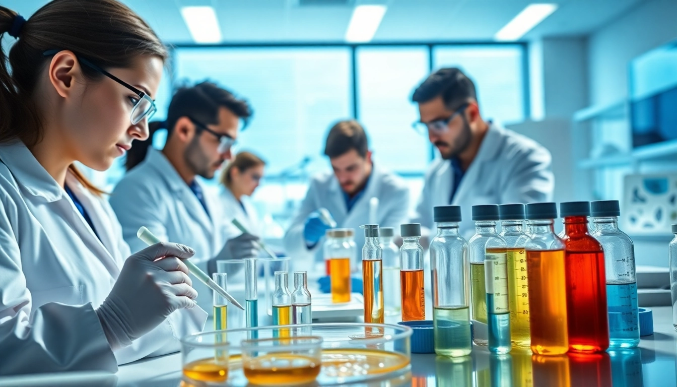 Scientists researching Branch Peptides in a bright laboratory filled with advanced equipment.
