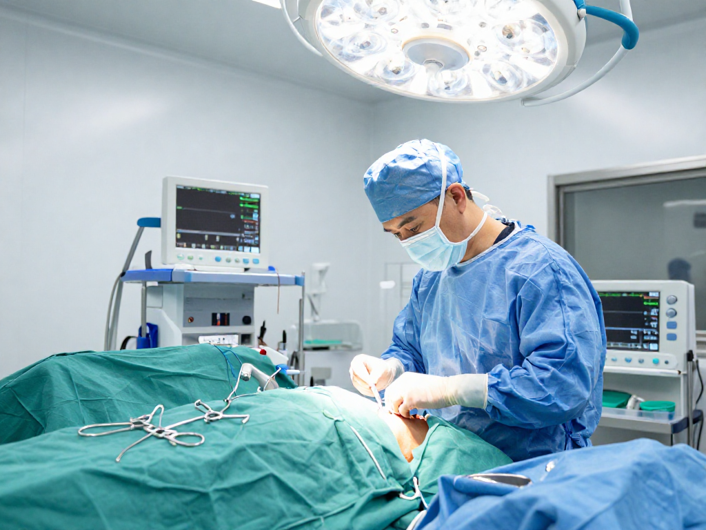 Dar kanal ameliyatı in progress, showcasing skilled surgeons and advanced medical equipment in a sterile environment.