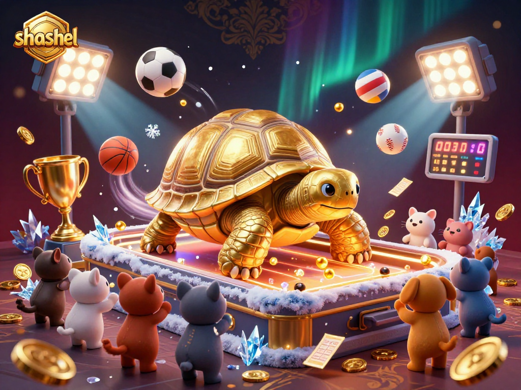 Catch the excitement of the shashel experience with a golden tortoise pinball machine, vibrant sports elements, and dynamic action.