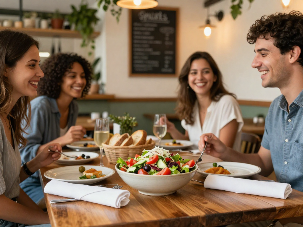 Best ensalada mixta near me served in a cozy restaurant with friends enjoying a vibrant dining experience.