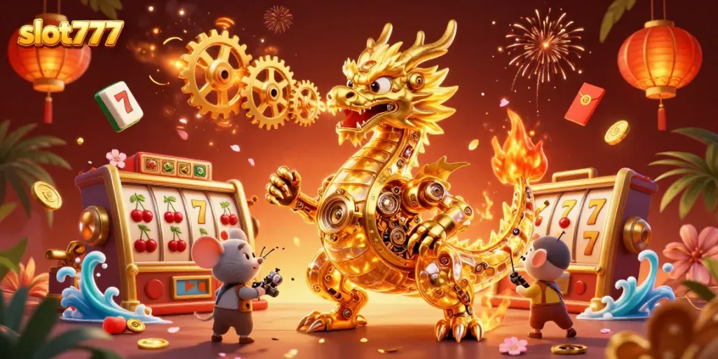 Bermain slot777 sambil menikmati petualangan mesin slot dengan karakter naga emas di lingkungan kasino yang mewah.