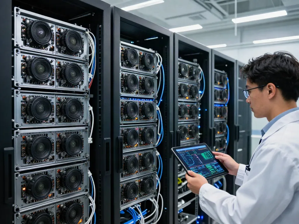 Advanced GPU computing operations in a modern data center with real-time monitoring.
