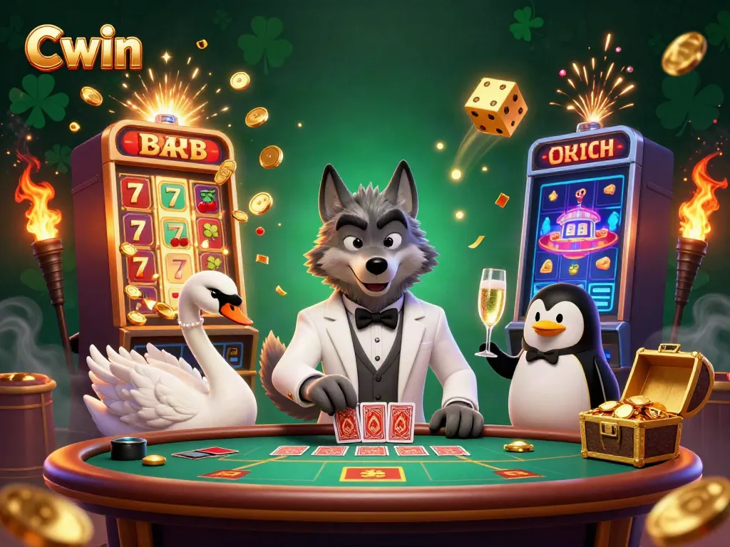 Experience the thrill of Cwin at a vibrant baccarat table with whimsical characters.