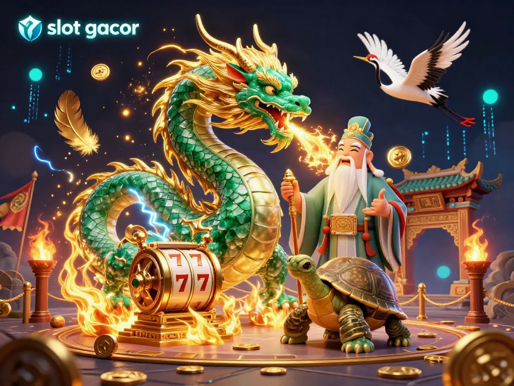 Engage with slot gacor in a vibrant 3D casino illustration featuring a jade dragon, wise turtle sage, and lucky cranes.