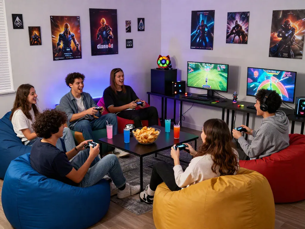 Suasana permainan "diana4d" di ruangan gaming bersama teman-teman dengan cahaya RGB yang cerah.