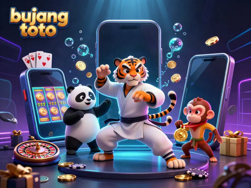 Engaging scene with bujang toto featuring a kung fu tiger master, panda disciple, and monkey stealing a medal amidst casino elements.