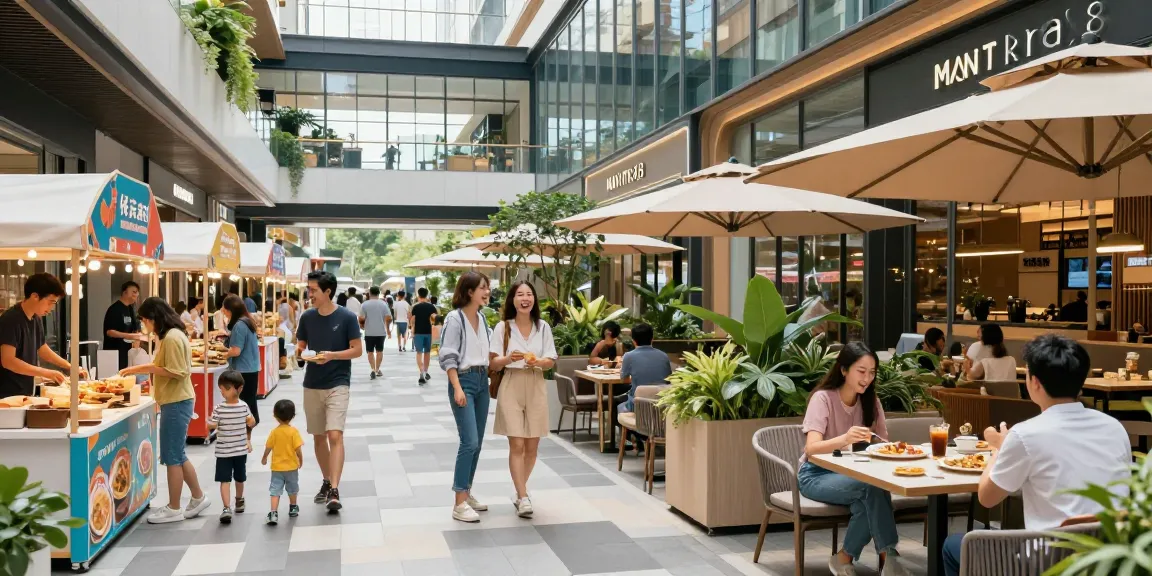 Vibrant MANTRA88 commercial property showcasing lively entertainment and dining experiences with families enjoying amenities.