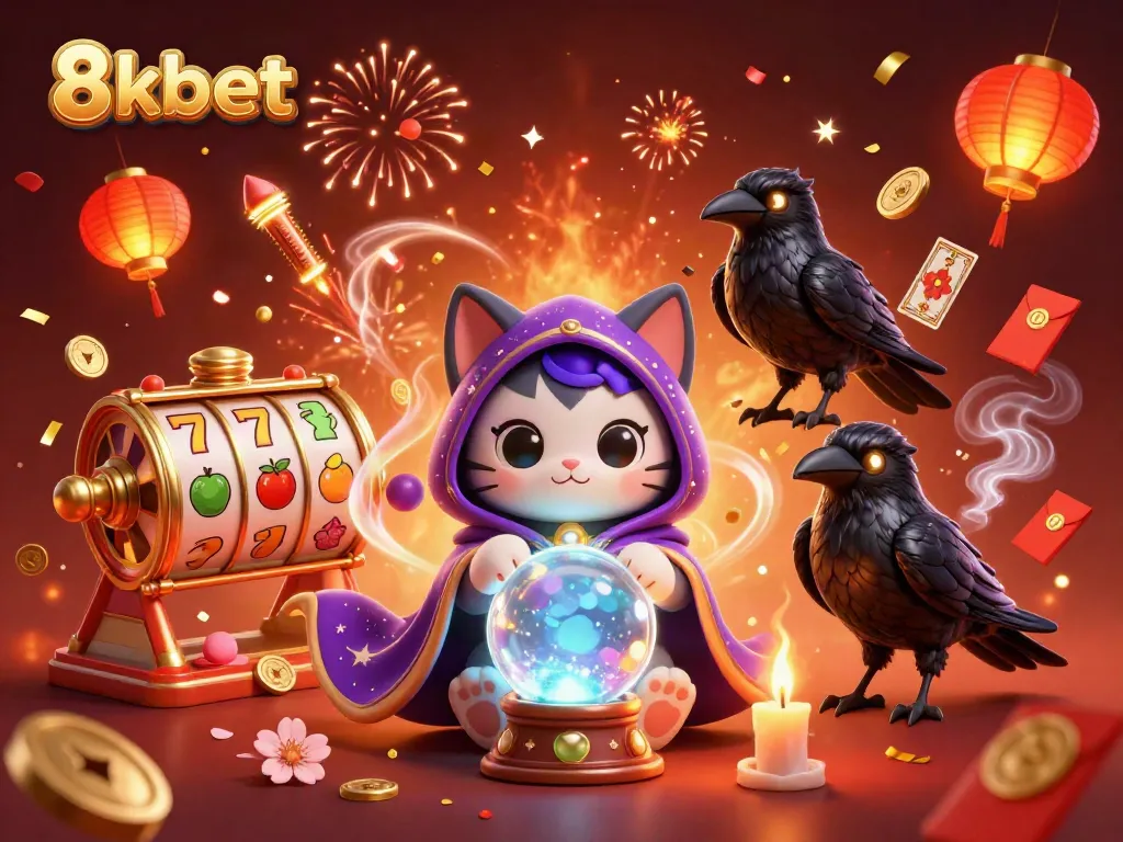 Experience the thrilling magic of 8kbet with vibrant characters and dazzling casino elements in this festive scene.