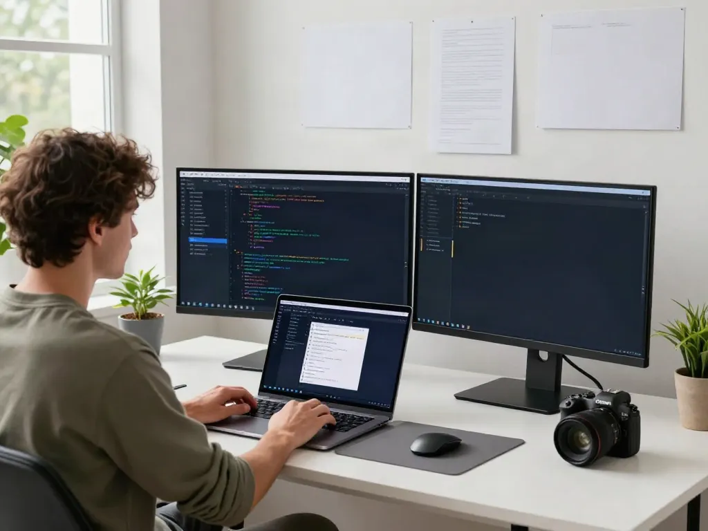 Developer using brave浏览器 on dual monitors in a vibrant, modern workspace.