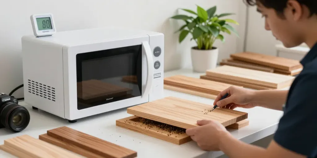Shashel® technician effectively using microwave technology for wood treatment in a modern workshop.