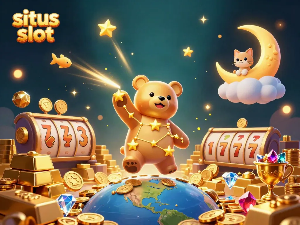Menang di situs slot dengan simbol keberuntungan dan permata berkilauan.