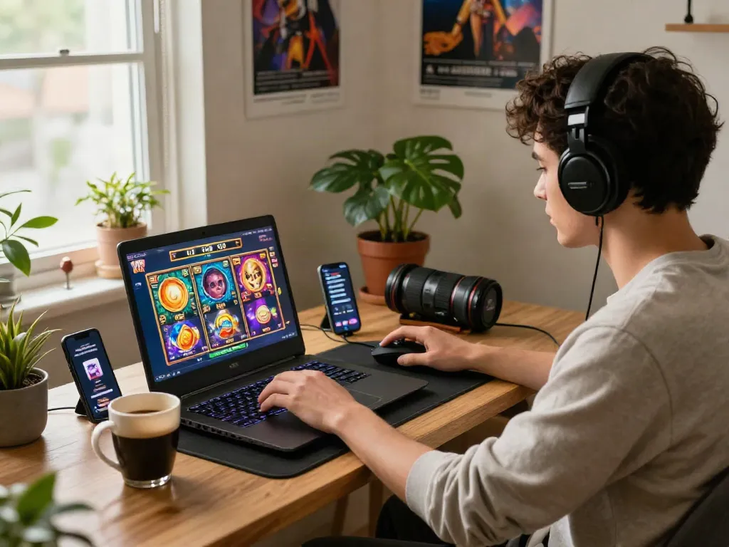 Gamer playing slot games on a laptop at home with colorful graphics and gaming accessories.