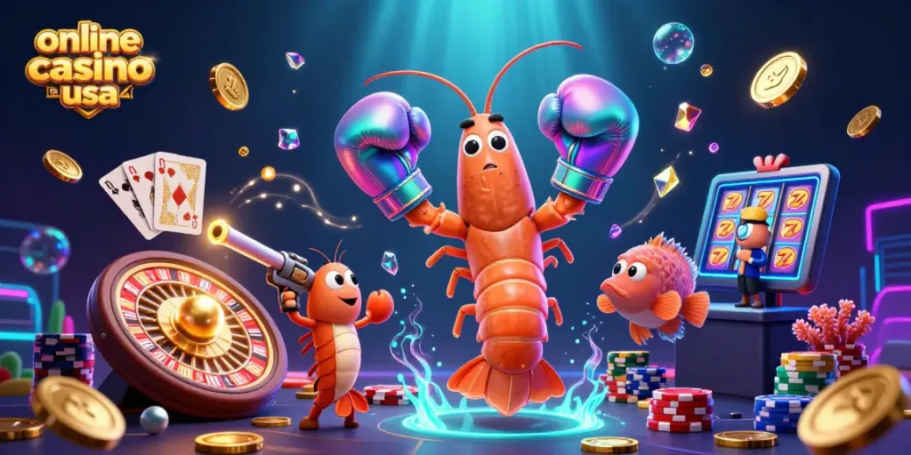 Experience the excitement of online casino real money usa with animated shrimp and vibrant game elements.