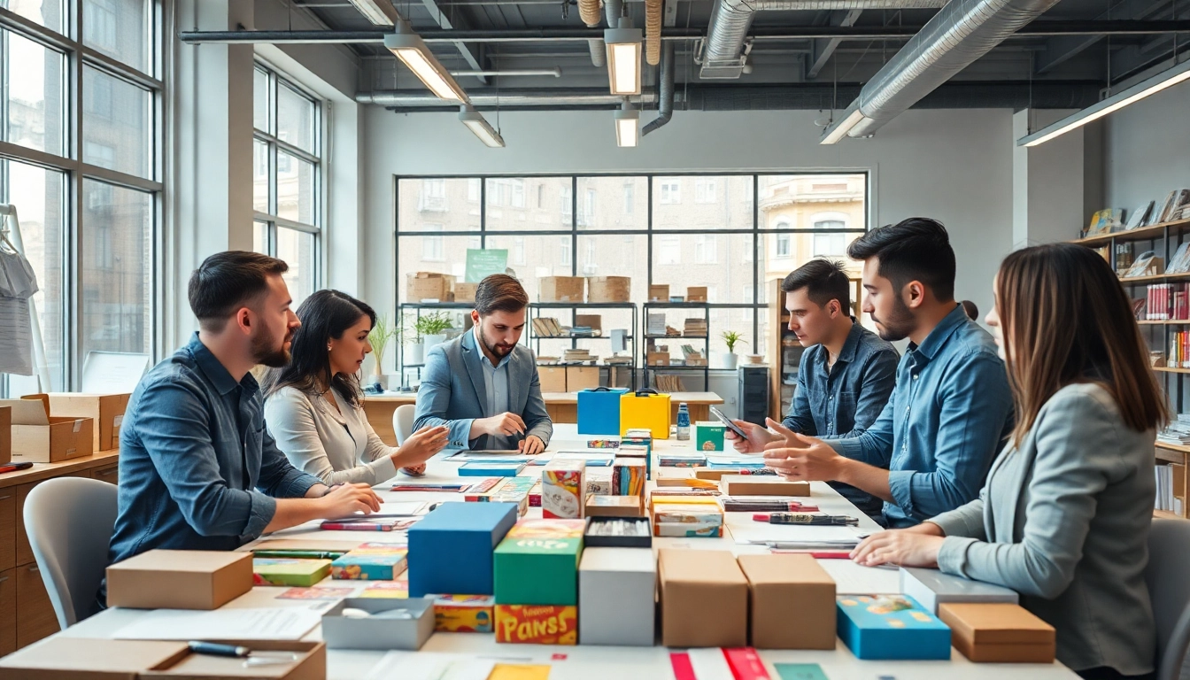 Designers collaborating on Packaging Design & Commercialization in a modern studio setting.