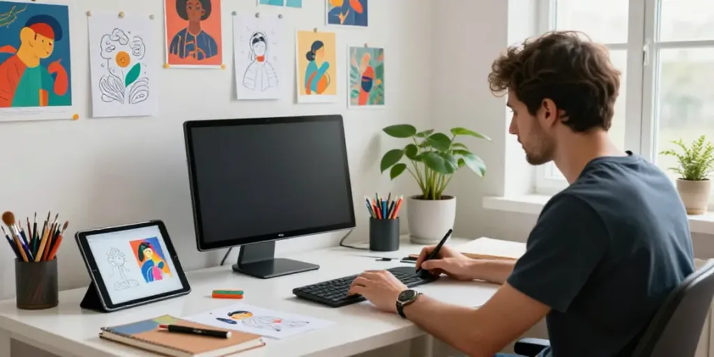 Digital artist using an affordable AI article illustration generator in a vibrant workspace.