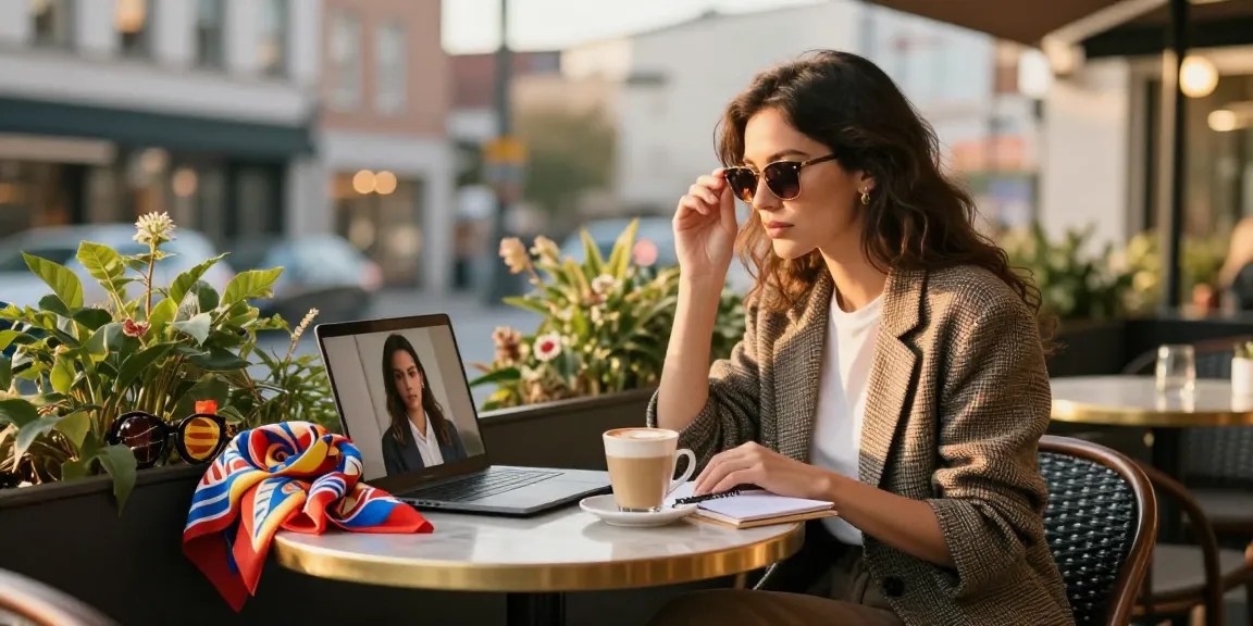 Consulenza d'immagine Milano: Donna stilosa durante una consulenza di moda in un caffè urbano.