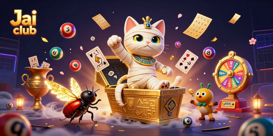Win exciting prizes on Jai club with a vibrant 3D design featuring a mummy cat, scarab, and colorful lottery elements.