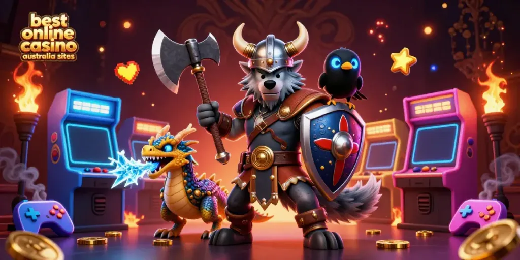 Engage with the best online casino Australia sites featuring vibrant characters and casino elements.