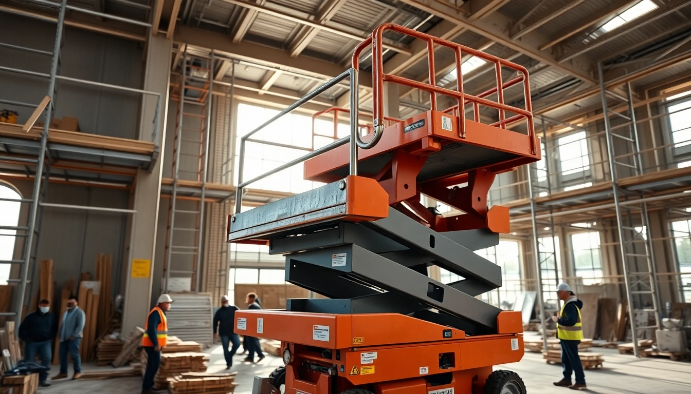 Workers using scissor lift during construction project with modern machinery.