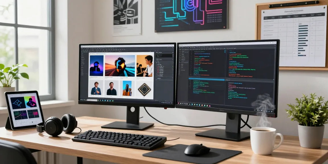 AI Image Detection software analysis in a modern workspace with dual monitors.